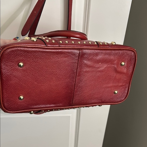 Red Studded leather Satchel with gold Accents - Picture 4 of 15